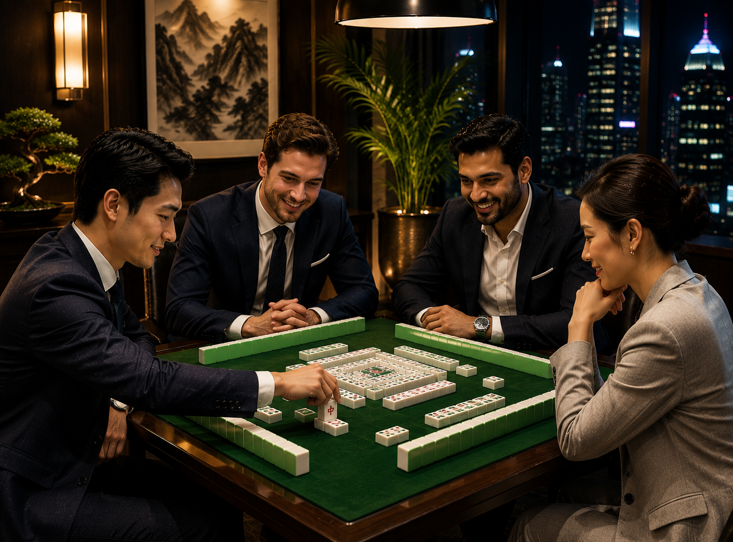 Business professionals in formal suits playing mahjong together