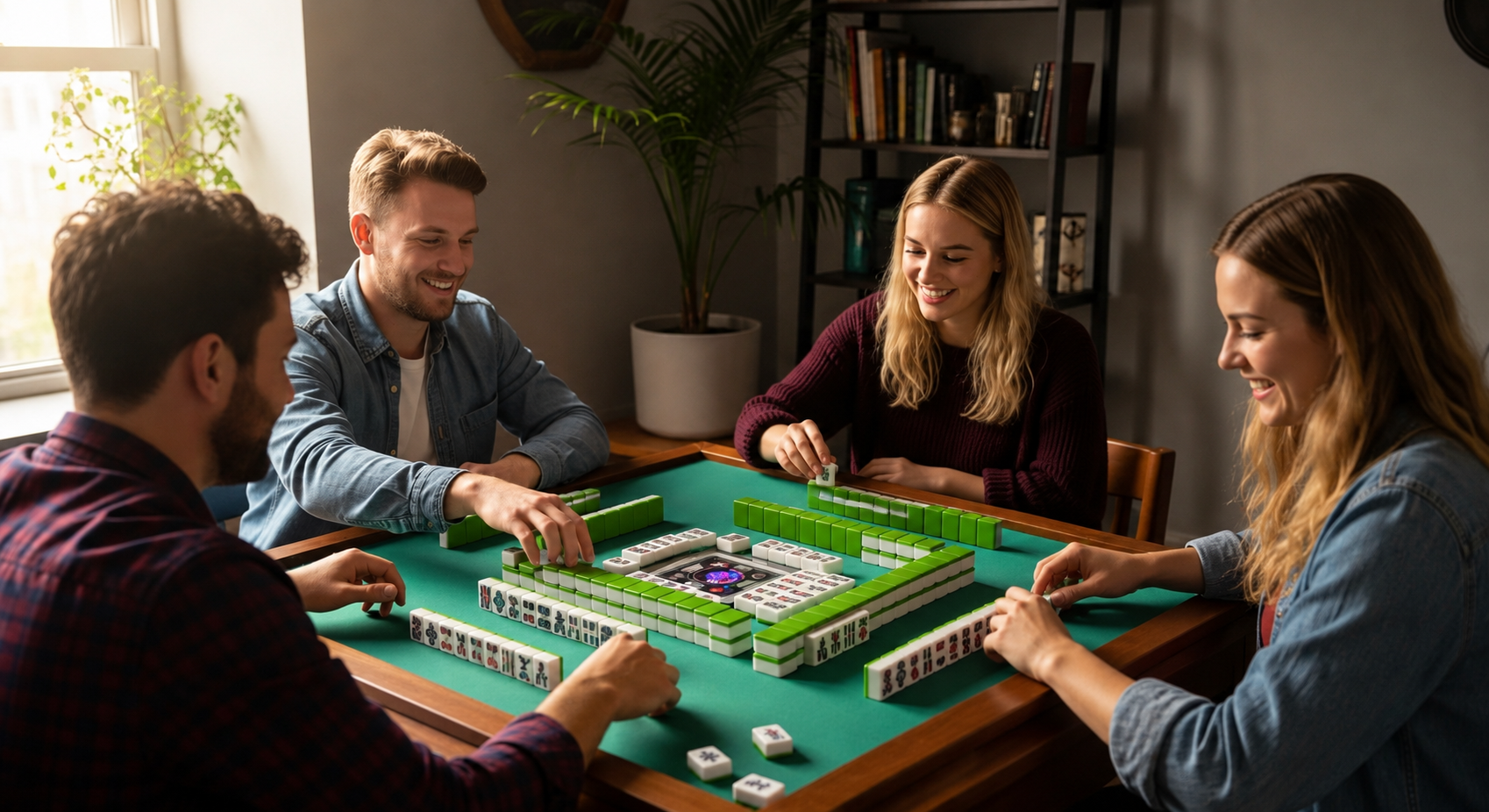Elegantly dressed ladies playing Mahjong together